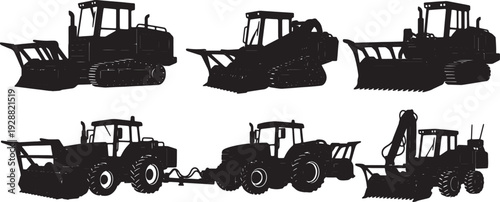Black Solid Forestry Mulcher Truck Silhouettes Set of Six on White Background