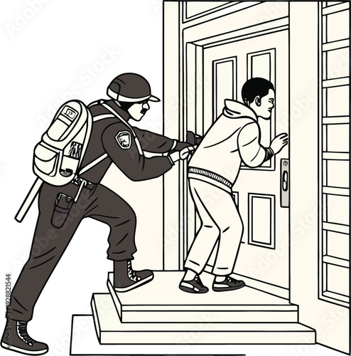Vector illustration of police officer and man at door