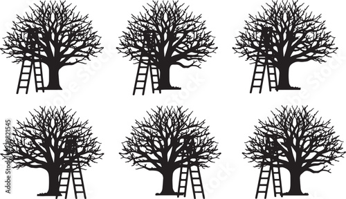 Black Solid Fruit Ladder Tree Silhouettes Set of Six on White Background