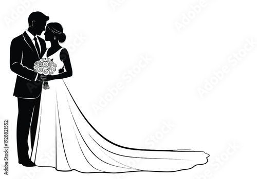 A romantic couple embracing on their special day with a beautiful bouquet