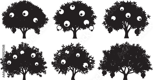 Black Solid Fruit Pomegranate Tree Silhouettes Set of Six on White Background