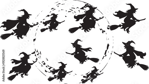 Black Solid Full Moon Witch Silhouettes Set of Six on White Background