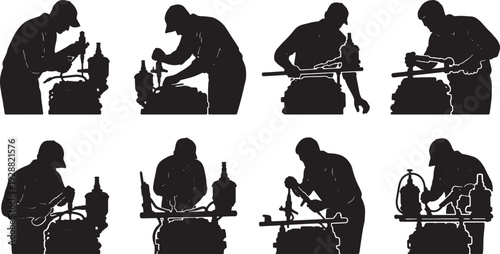 Black Solid Mechanic Injector Check Silhouettes Set of Six on White Background