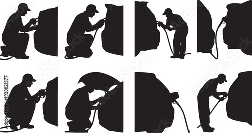 Black Solid Mechanic Fuel Check Silhouettes Set of Six on White Background