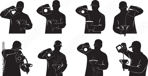 Black Solid Mechanic Using Funnel Silhouettes Set of Six on White Background