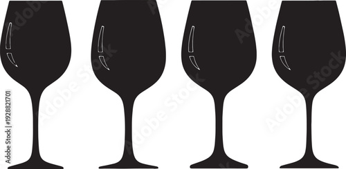 Black Solid Glare Wine Glasses Silhouettes Set of Six on White Background