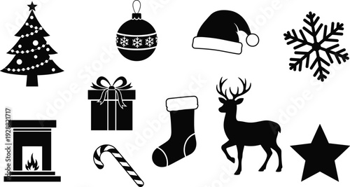 Christmas Holiday Silhouette Vector Set with Tree, Santa Hat, Reindeer, Snowflake, Gift Box and Festive Winter Icons Collection