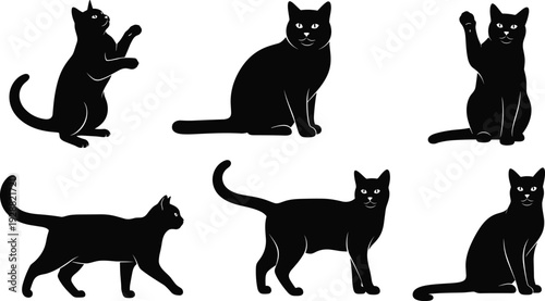 Black cat silhouette collection featuring various poses including sitting, walking, standing, and playful actions isolated on a clean white background vector.
