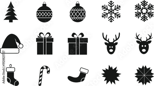 Christmas Silhouette Icon Set with Tree, Ornaments, Snowflakes, Gift Boxes, Santa Hat, Reindeer and Festive Winter Symbols Vector Collection