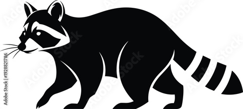 Raccoon silhouette illustration, walking stance, bushy tail, facial mask markings, black and white vector art, wildlife design, decorative animal artwork