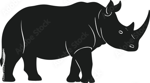 Rhinoceros silhouette with two horns, black wildlife illustration, strong nature vector design, large animal profile icon
