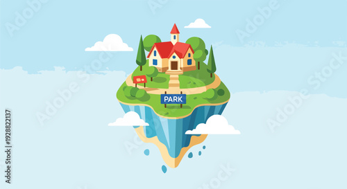 A cartoon island with a house, trees, and "PARK" in the sky