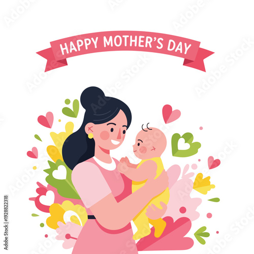 A cartoon mother holds her baby amongst flowers, hearts and a banner