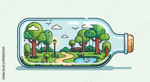 A cartoon park scene encapsulated within a decorative bottle