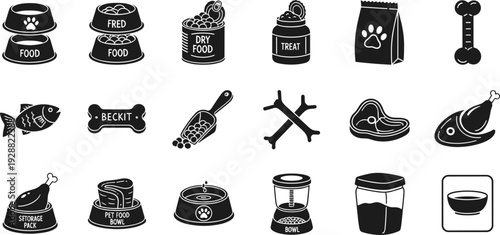 Pet Food Silhouette Vector Collection with Dog Bowls, Dry Food Bag, Fish, Bone, Meat and Animal Feeding Accessories Icons