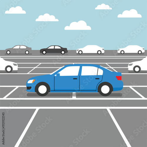 A cartoon scene of a blue car in a parking lot with other cars
