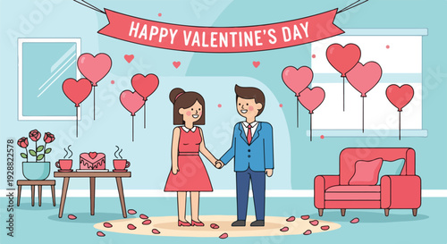 A cartoon scene of a couple holding hands in a room. Happy Valentine's Day banner above