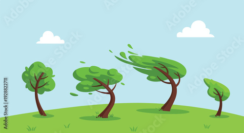 A cartoon scene shows trees blowing in the wind on a grassy hill