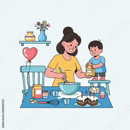 A cartoon shows a mother and child baking a cake together