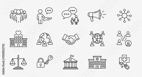 Set of Icons Representing Business Social and Legal Concepts.