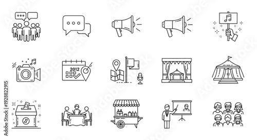 Set of hand drawn icons representing business and communication concepts.