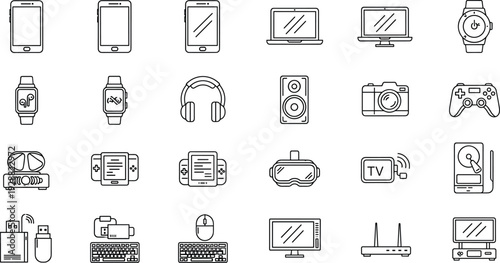Electronic Devices Line Icon Collection with Smartphone, Laptop, Camera, Headphones and Gaming Controller Isolated on White Background