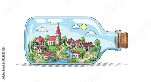 A cartoonish village, river, houses inside a bottle with sun and clouds