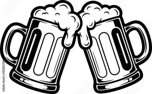 Clinking Beer Mugs Line Icon – Oktoberfest Celebration Concept Illustration