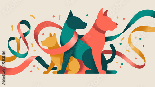 Vibrant graphic illustration of three dogs surrounded by flowing ribbons and colorful dots on a cream background celebrating joy and companionship