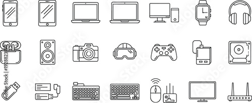 Technology and Electronic Devices Line Icon Set with Smartphone, Laptop, Camera, Headphones and Router Isolated on White Background