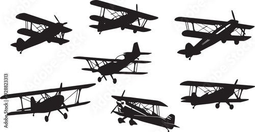 Black Solid Acrobatic Biplane Silhouettes Set of Six on White Background