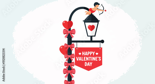 A cartoon-style illustration featuring hearts, bows, and a street lamp with Cupid