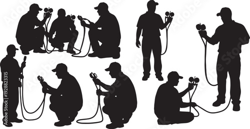 Black Solid Mechanic AC Service Silhouettes Set of Six on White Background
