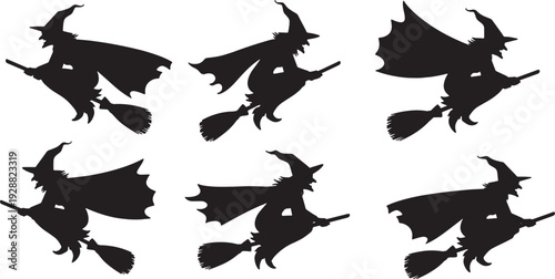 Black Solid Acrobatic Witch Flight Silhouettes Set of Six on White Background