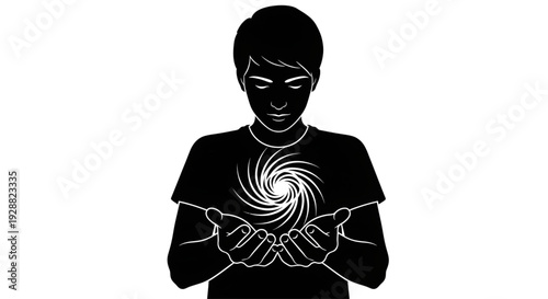 silhouette of a young man holding a glowing spiral or vortex in his hands