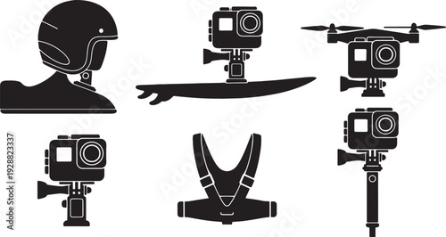 Black Solid Action Camera Silhouettes Set of Six on White Background
