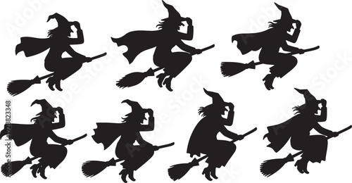 Black Solid Adjusting Attire Witch Silhouettes Set of Six on White Background