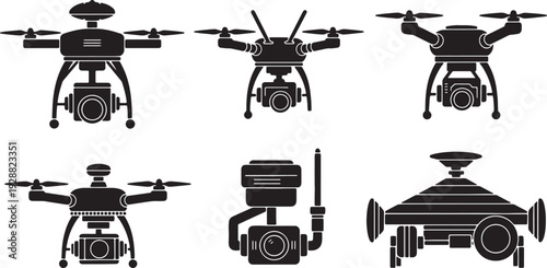 Black Solid Aerial Drone Mapping Camera Silhouettes Set of Six on White Background