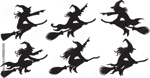 Black Solid Aerial Attack Witch Silhouettes Set of Six on White Background