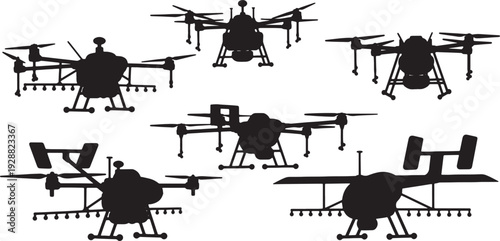 Black Solid Aerial Application Drones Silhouettes Set of Six on White Background