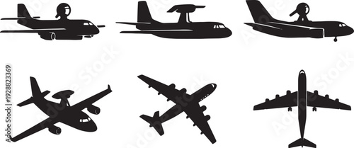 Black Solid Aerial Observation Aircraft Silhouettes Set of Six on White Background
