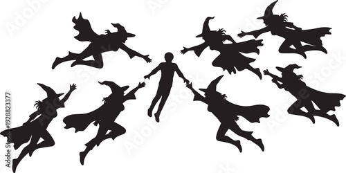 Black Solid Aerial Rescue Witch Silhouettes Set of Six on White Background