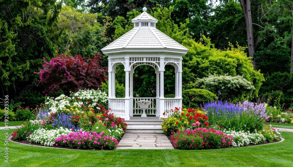 Obraz premium Historic architecture of an old garden gazebo stands as a summer landmark within a green city park under a clear sky