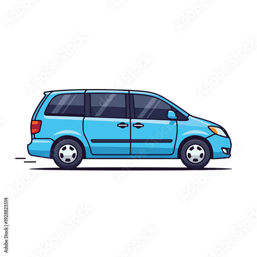 A cartoon-style illustration of a light blue minivan on a white background