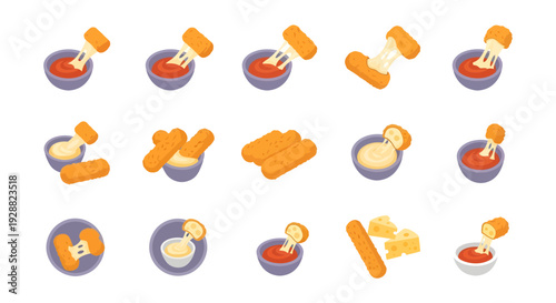 Mozzarella Cheese Sticks Collection with Dipping Sauce and Cheese Pull Illustrations