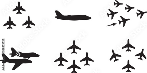 Black Solid Airplanes in Formation Flight Silhouettes Set of Six on White Background