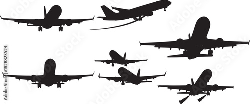 Black Solid Airplanes Landing Silhouettes Set of Six on White Background