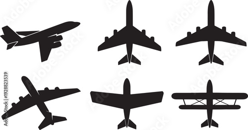 Black Solid Airplane Wing Configurations Silhouettes Set of Six on White Background