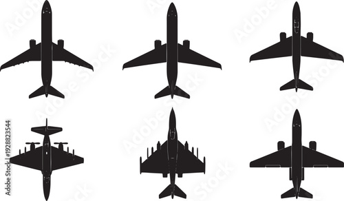 Black Solid Airplanes Top-Down View Silhouettes Set of Six on White Background