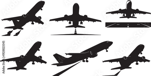 Black Solid Airplanes Taking Off Silhouettes Set of Six on White Background